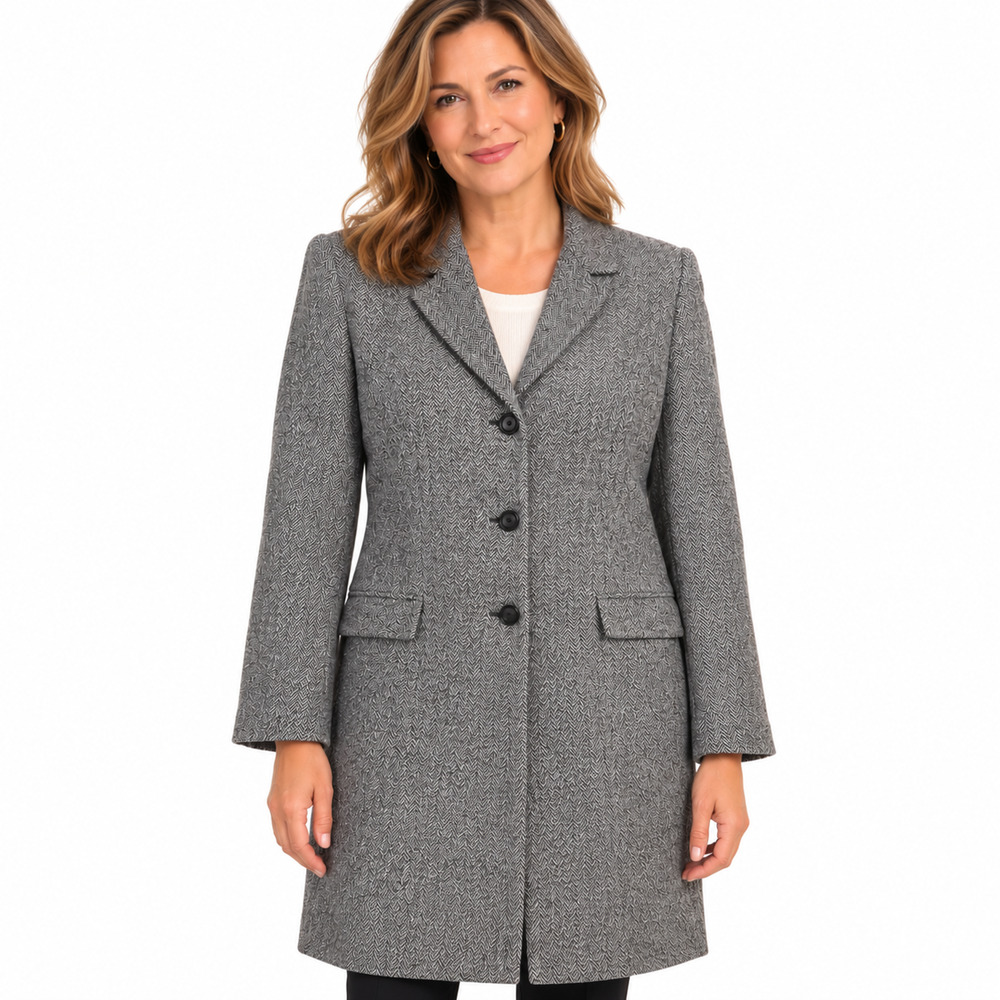 Talbots Petite Gray Black Herringbone Suit Jacket Blazer Knee Length sz 12 P